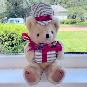 Vintage tan railroad engineer Teddy Bear with wooden train & music box